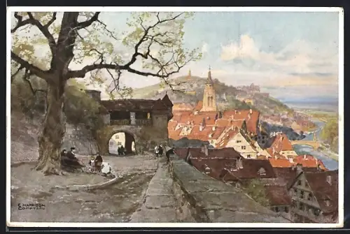 Künstler-AK Edward Harrison Compton: Tübingen, Blick von der Schlosslinde