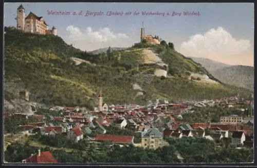 AK Weinheim a. d. Bergstrasse, Ortsansicht mit der Wachenburg und Burg Windeck