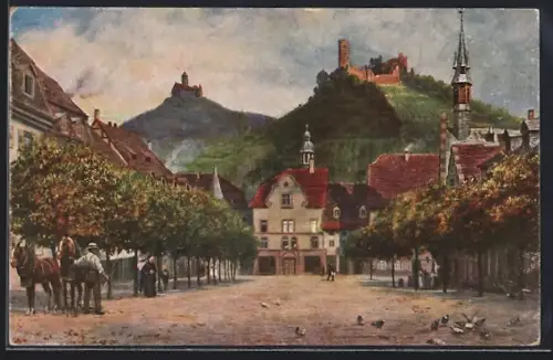 Künstler-AK Weinheim / Bergstrasse, Blick über den Marktplatz