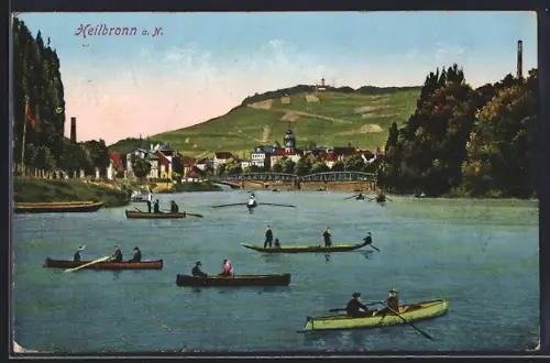 AK Heilbronn a. N., Ortsansicht mit Brücke, Ruderboote auf dem Neckar