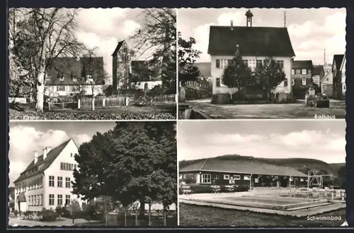 AK Deizisau (Kreis Esslingen), Rathaus, Kirche, Schwimmbad und Schulhaus
