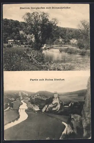 AK Inzigkofen, Ortspartie mit Donaubrücke, Blick zur Ruine Dietfurt