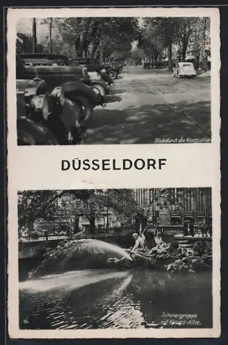 AK Düsseldorf, Autos an der Königsallee, Tritongruppe an der Königsallee