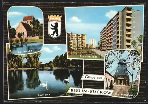 AK Berlin-Buckow, Wohnsiedlung Gropiusstadt, Dorfkirche, Jungfernmühle und Dorfteich
