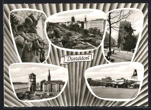 AK Düsseldorf, Flughafen, Königsallee, Rheinpartie und Reiterstandbild