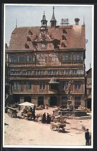 AK Tübingen, Rathaus mit belebten Marktplatz und Brunnen