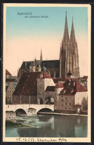 AK Regensburg, Steinerne Brücke und Dom