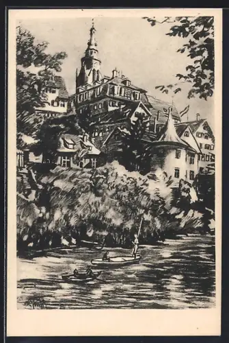 AK Tübingen, Hölderlinturm am Neckar