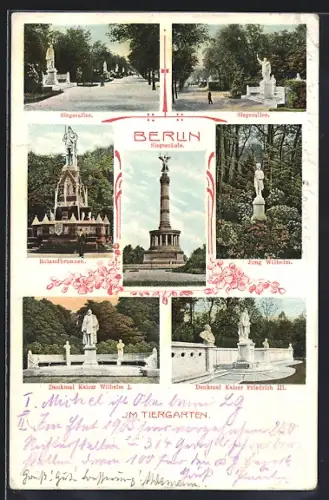 AK Berlin-Tiergarten, Siegessäule, Siegesallee, Rolandbrunnen, Denkmal Kaiser Wilhelm I.