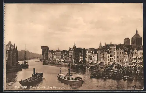 AK Danzig, Das nordische Venedig, Flusspartie mit Krahntor