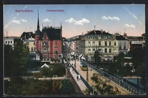 AK Saarbrücken, Louisenbrücke, Strassenbahn, Stadtansicht