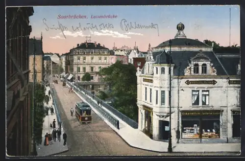 AK Saarbrücken, Luisenbrücke, Strassenbahn, Geschäftshaus