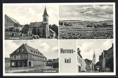 AK Hermeskeil, Evgl. Kirche, Jugendherberge, Triererstrasse, Gesamtansicht