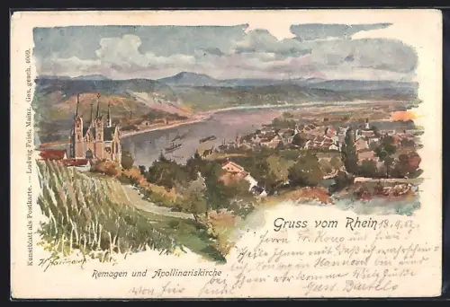Lithographie Remagen, Apollinariskirche, Rheinpanorama