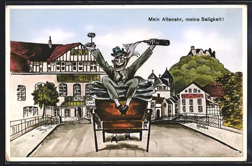 Künstler-AK Altenahr, Central-Hotel, Burg, humoristische Ansicht