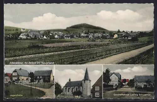AK Altenbüren /Brilon, Jugendheim, Kirche, Geschäftshaus Ludwig Schwermer