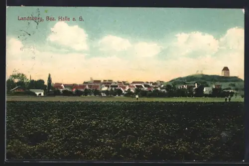 AK Landsberg /Halle, Stadtansicht mit Hügel und Turm
