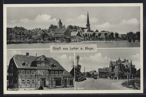 AK Lutter a. Bbge., Geschäftshaus Hermens, Markt, Stadtansicht mit Kirche