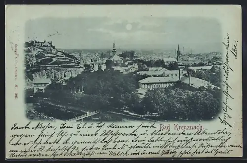 Mondschein-AK Bad Kreuznach, Gesamtansicht mit Brücke und Burg
