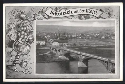AK Schweich an der Mosel, Brücke, Stadtansicht, Weintraubenornament