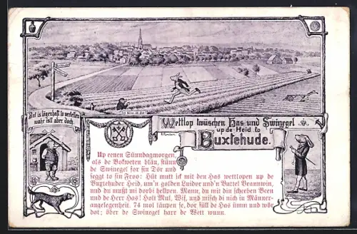 Künstler-AK Buxtehude, Wettlauf zwischen Has` und Igel auf der Heide