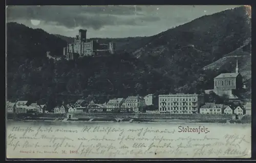 Mondschein-AK Stolzenfels, Schloss, Kirche, Rheinansicht
