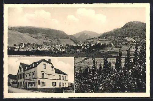 AK Veldenz /Mosel, Gasthaus u. Weineinkauf Peter Löhnerz, Ortsansicht, Weinberge