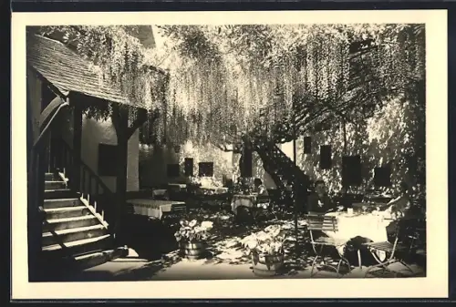 AK Bernkastel, Innenhof der Doctor-Weinstube mit blühender Glycine