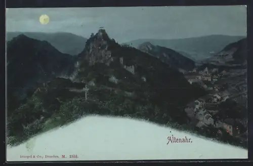 Mondschein-AK Altenahr, Burg und Ortsansicht bei Nacht