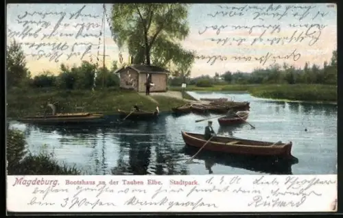AK Magdeburg, Bootshaus an der Tauben Elbe, Stadtpark