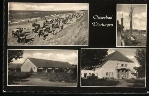 AK Dierhagen, Strand mit Strandkörben, Segelboot, Gebäudeansichten