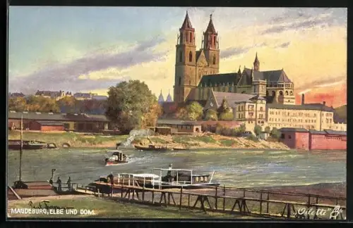 Künstler-AK Magdeburg, Elbe und Dom