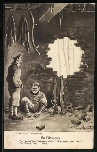 Künstler-AK Bruce Bairnsfather: So Obvious, britische Soldaten blicken durch ein Loch in der Hauswand