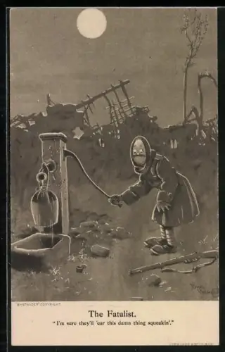 Künstler-AK sign. Bruce Bairnsfather: Soldat an der Wasserpumpe, I`m sure they`ll `ear this damn thing squeakin