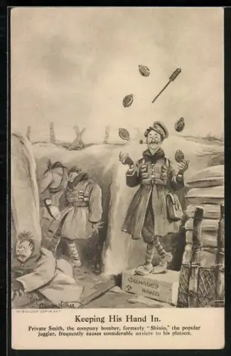 Künstler-AK Bruce Bairnsfather: Keeping his hand in, Private Smith jongliert mit Handgranaten