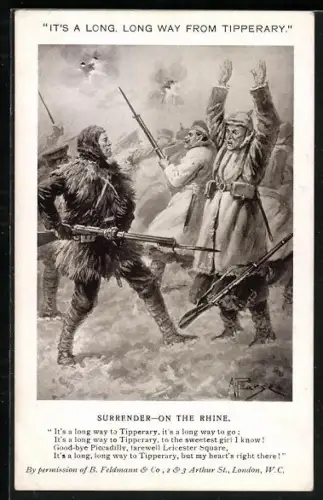 Künstler-AK Deutscher Soldat steht mit erhobenen Armen vor einem britischen Soldat, Surrender on the Rhine