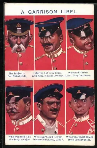Künstler-AK A Garrison Libel, Col. Sblud, Capt. Mulligatawney, Lieut. Smythe Jones, Private Mulvaney - Portraits
