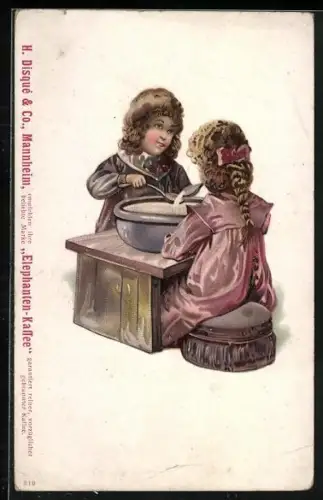 Künstler-AK Kaffee Reklame Elephanten Kaffee, Zwei Kinder sitzen an einem kleinen Tisch