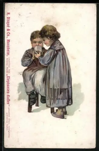 Künstler-AK Kaffee Reklame Elephanten Kaffee, Ein Kind trinkt aus einem Becher