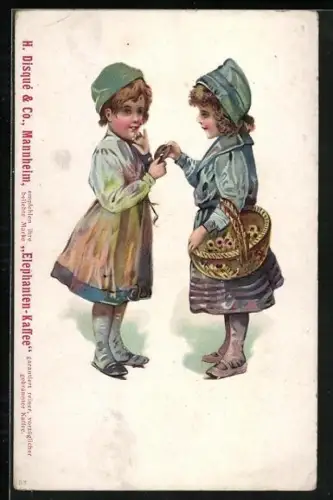 Künstler-AK Kaffee Reklame Elephanten Kaffee, Zwei Kinder teilen sich Süssigkeiten