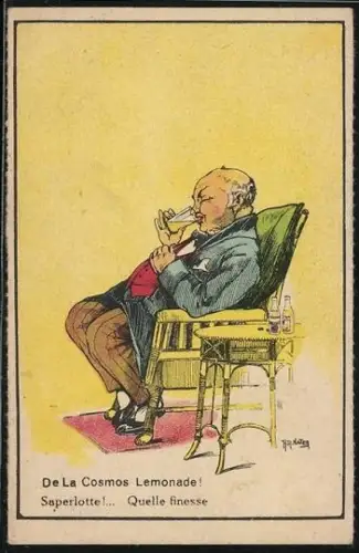 Künstler-AK Reklame Cosmos Lemonade, Mann trinkt ein Glas Lemonade