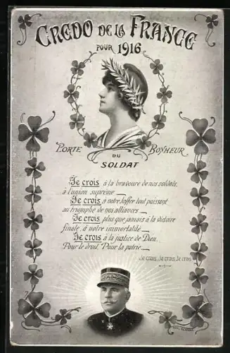 Künstler-AK Französischer Soldat in Uniform, Kleeblätter, Credo de la France pour 1916
