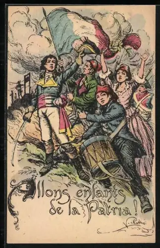 AK Soldaten in Uniform mit Säbel und Fahne