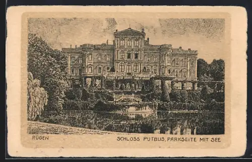 Künstler-AK Putbus, Parkseite mit dem See