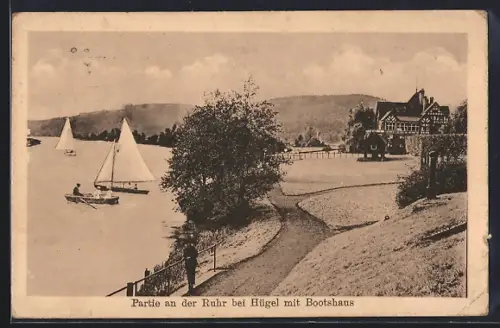 AK Essen, Partie an der Ruhr bei Hügel mit Bootshaus
