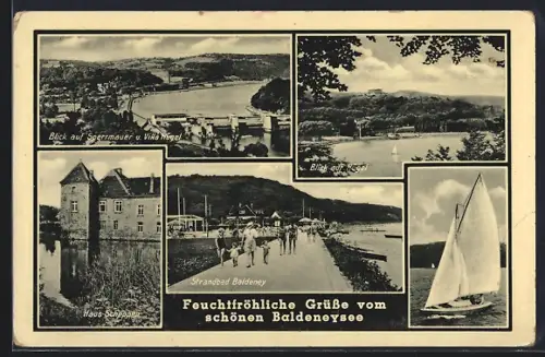 AK Baldeneysee, Sperrmauer u. Villa Hügel, Strandbad und Haus-Schleppen