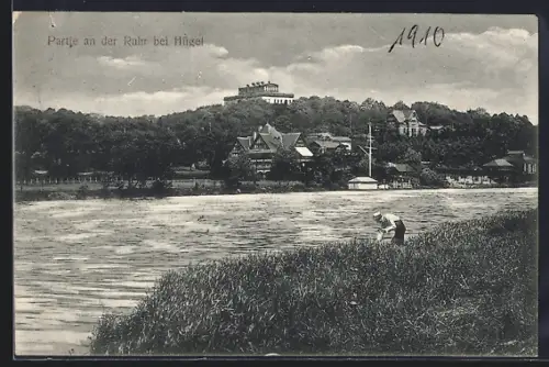 AK Essen, Partie an der Ruhr bei Hügel