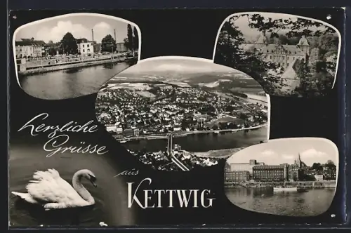 AK Kettwig, Ortsansicht aus der Vogelschau, Partie vom Schloss und der Uferpromenade