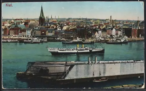 AK Kiel, Ortsansicht mit Dampfer