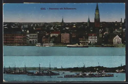 AK Kiel, Panorama mit Rathausturm, Hafen mit Kriegsschiffen